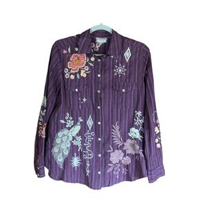 Johnny Was Brittany Patch Pocket Shirt in Muted Purple Stripe Size Small